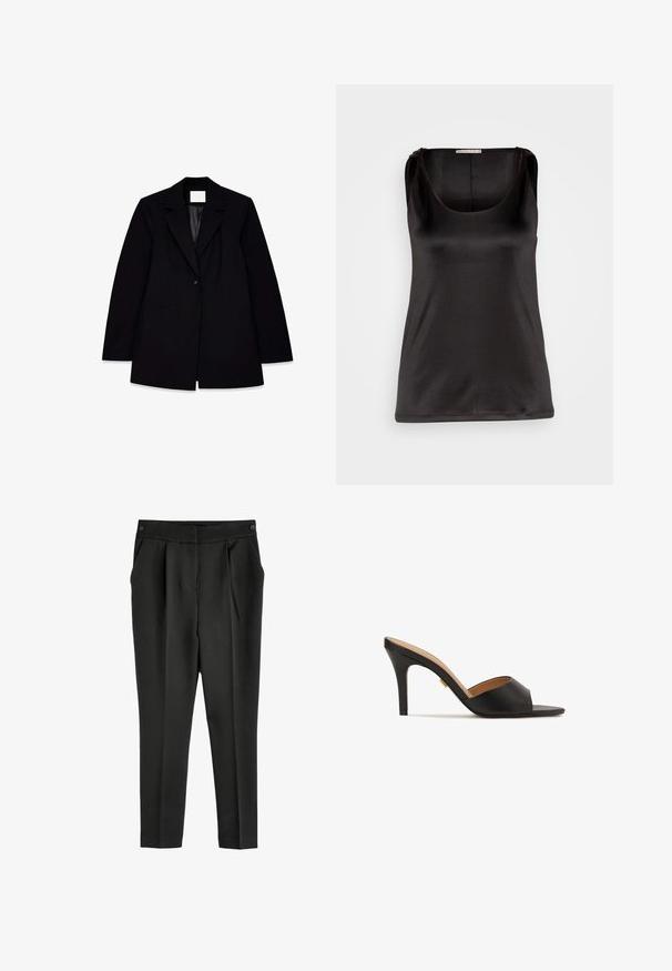 Zwarte blazer met een geknipt revers, enkele knoopsluiting, twee voorzakken en een gladde binnenvoering, met een getailleerde pasvorm.; Anna Field by Zalando Top - black; Zwarte high-waisted broeken met een gladde textuur, met plooien, twee zakken en knoopsluiting. Tapered leg ontwerp.; Zwarte open teen hoge hakken met een glad leren bovenwerk, amandelfront en een slanke stilettohak. Goudkleurige accentdetails zichtbaar.