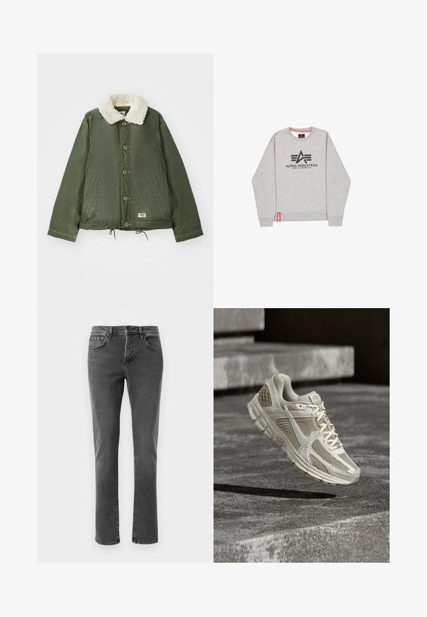 Olijfgroene jas met een zachte, crèmekleurige nepbontkraag, sluiting met knopen aan de voorkant en twee zijzakken. Verstelbare trekkoord aan de onderrand.; Grijze sweatshirt met ronde hals, met een zwart logo "ALPHA INDUSTRIES" en een rode accenttag aan de onderkant. Katoenmengsel, casual ontwerp.; Zwarte rechte denim jeans met voor- en achterzakken, ritssluiting en knoopsluiting op een gewone witte achtergrond.; Lichtbeige Nike hardloopschoen met meshpanelen en dikke zool, zwevend boven grijze betonnen traptreden in een buitenomgeving.