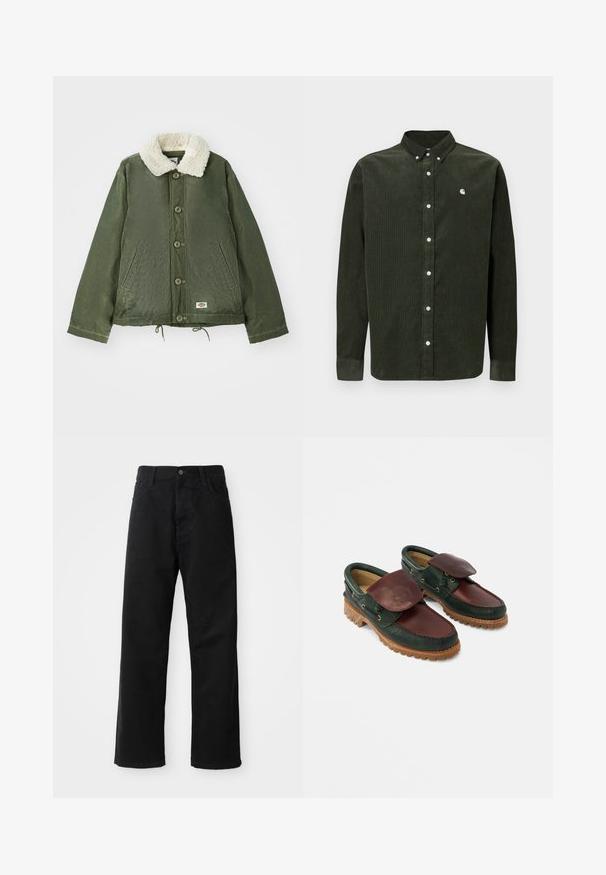 Ελαιοπράσινο μπουφάν με μαλακό, κρεμ faux shearling γιακά, μπροστινό κλείσιμο με κουμπιά και δύο πλαϊνές τσέπες. Ρυθμιζόμενο κορδόνι στο τελείωμα.; Σκούρο πράσινο πουκάμισο από κορντόροι με μακριά μανίκια, γιακά με κουμπιά, λευκά κουμπιά και μικρή λεπτομέρεια λογότυπου στο αριστερό στήθος.; Μαύρο τζιν παντελόνι με ίσια γραμμή, που διαθέτει μπροστινές τσέπες, φερμουάρ και ένα μόνο κουμπί στην κορυφή. Υφασμάτινη επιφάνεια με ματ φινίρισμα.; Δερμάτινα παπούτσια με σκούρο πράσινο σώμα και μπορντό πάνω μέρος, στρογγυλή μύτη, ασφαλισμένο καπάκι και υφή στην ελαστική σόλα με ραβδώσεις.