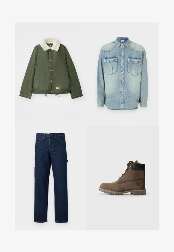 Ελαιοπράσινο μπουφάν με μαλακό, κρεμ faux shearling γιακά, μπροστινό κλείσιμο με κουμπιά και δύο πλαϊνές τσέπες. Ρυθμιζόμενο κορδόνι στο τελείωμα.; Ανοιχτό μπλε πουκάμισο από τζιν με μακριά μανίκια, κλείσιμο με κουμπιά τύπου snap, μυτερό γιακά, δύο τσέπες στο στήθος και λογότυπο της μάρκας στο κάτω μέρος.; Σκούρο μπλε τζιν παντελόνια cargo με ίσια μπατζάκια, πλαϊνές τσέπες και ραφές σε αντίθεση. Διαθέτουν κλείσιμο με κουμπί και θηλιές για ζώνη.; Καφέ δερμάτινο μποτάκι μέχρι τον αστράγαλο με μαύρη επένδυση, μεταλλικές τρυπίτσες και ανθεκτική γκρίζα σόλα. Διαθέτει λογότυπο στο πλάι και ραφές διακόσμησης.