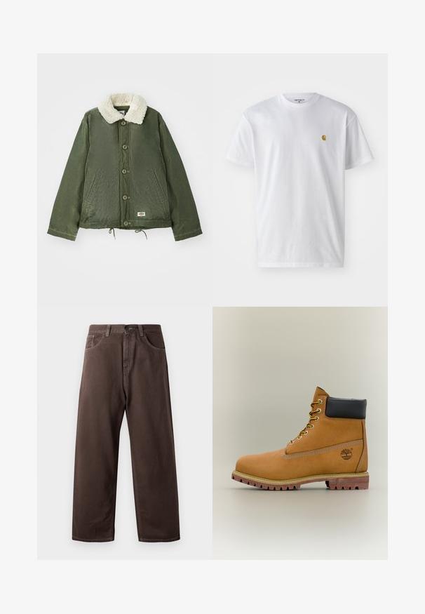 Veste vert olive avec un col en fausse fourrure crème douce, fermeture à boutons à l'avant et deux poches latérales. Cordons de serrage réglables à l'ourlet.; T-shirt en coton blanc à manches courtes, col rond, avec un petit logo doré sur la poitrine gauche. Texture douce et coupe régulière.; Pantalons larges marron en coton, avec un design classique à cinq poches, une fermeture éclair et des détails de couture visibles.; Bottine en cuir marron avec col noir, lacets jaunes et semelle beige. Présente un logo et des détails de couture blanche. Semelle extérieure à traction robuste.