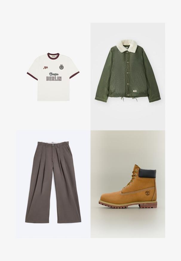 Ελαιοπράσινο μπουφάν με μαλακό, κρεμ faux shearling γιακά, μπροστινό κλείσιμο με κουμπιά και δύο πλαϊνές τσέπες. Ρυθμιζόμενο κορδόνι στο τελείωμα.; Λευκό κοντομάνικο T-shirt με μπορντώ φάσες, κείμενο "Escape BERLIN" στο κέντρο μπροστά, "Mitte" στην αριστερή πλευρά του στήθους, και κυκλικό έμβλημα με δύο αστέρια στην δεξιά πλευρά του στήθους.; Καφέ παντελόνια με φαρδιά μπατζάκια, πιέτες, θηλιές για ζώνη, κλείσιμο με κουμπί και πλαϊνές τσέπες, τοποθετημένα επίπεδα σε λευκό φόντο.; Καφέ δερμάτινο μποτάκι αστραγάλου με μαύρο γιακά, κίτρινα κορδόνια και ταμπά σόλα. Διαθέτει λογότυπο και λευκή ραφή για λεπτομέρεια. Ανθεκτική εξωτερική σόλα με τραχύ πέλμα.