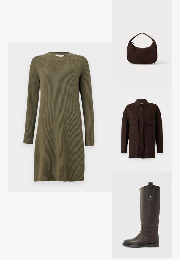 Donkerbruine wollen overhemdjas met lange mouwen, vooraan knoopsluiting en twee grote borstzakken met knopen op een effen achtergrond.; CLOSED CREW NECK DRESS LONG SLEEVE - Gebreide jurk - forest green; Lange, donkerbruine leren laarzen met een gladde afwerking, een ronde neus en een contrasterend bruine accenten. Voorzien van een riempje aan de zijkant met een metalen drukknop.; Donkerbruine suède handtas met een korte riem en afgeronde rechthoekige vorm op een effen lichte achtergrond.