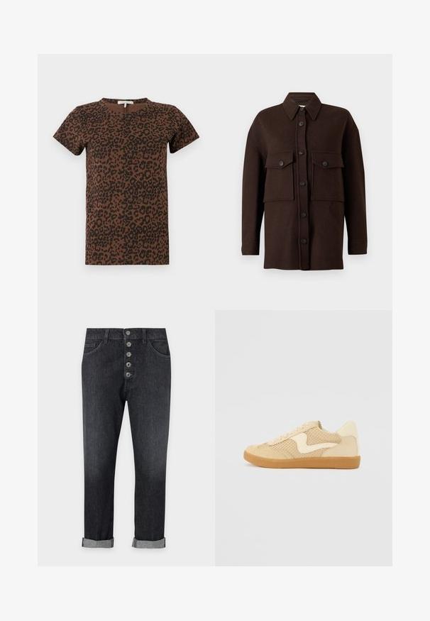 Veste-chemise en laine marron foncé à manches longues avec fermeture à boutons sur le devant et deux grandes poches poitrine à rabat boutonné sur fond uni.; T-shirt marron avec un motif léopard noir, col rond, manches courtes, en tissu doux, présentant une coupe décontractée sans éléments métalliques visibles.; Jean en denim noir avec cinq boutons métalliques, poches avant, passants de ceinture et revers roulés sur un fond uni clair.; Sneaker beige avec des matériaux en daim et en maille, forme arrondie, col rembourré proéminent et semelle en caoutchouc gomme. Présente un accent de design en forme de vague.