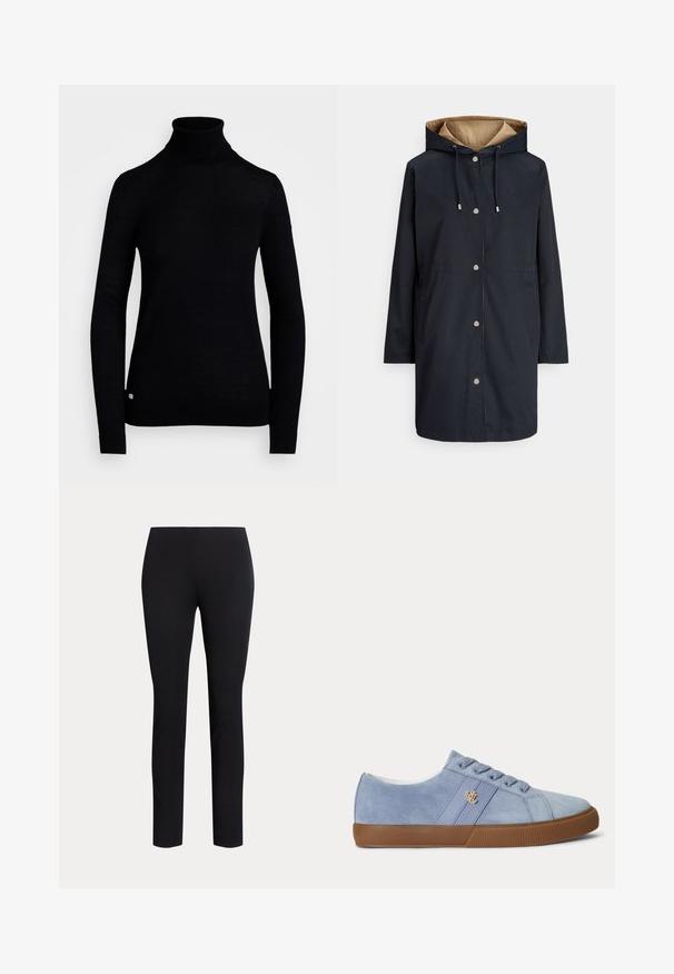 Marineblå regnjakke med hætte, trykknapper, to lommer og en kontrastfarvet beige foring. Har justerbare snore og et diskret logo på brystet.; Sort rullekrave sweater lavet af strikket stof, med lange ærmer og en tætsiddende pasform. Inkluderer en lille logoaccent ved kanten.; Sorte slanke bukser med talje i mellemhøjde og lige ben vist mod en ensfarvet lys baggrund.; Lyseblå ruskind lavt sneakers med brun gummisål og lille gyldent logo på sidelisten, vist i højre side.