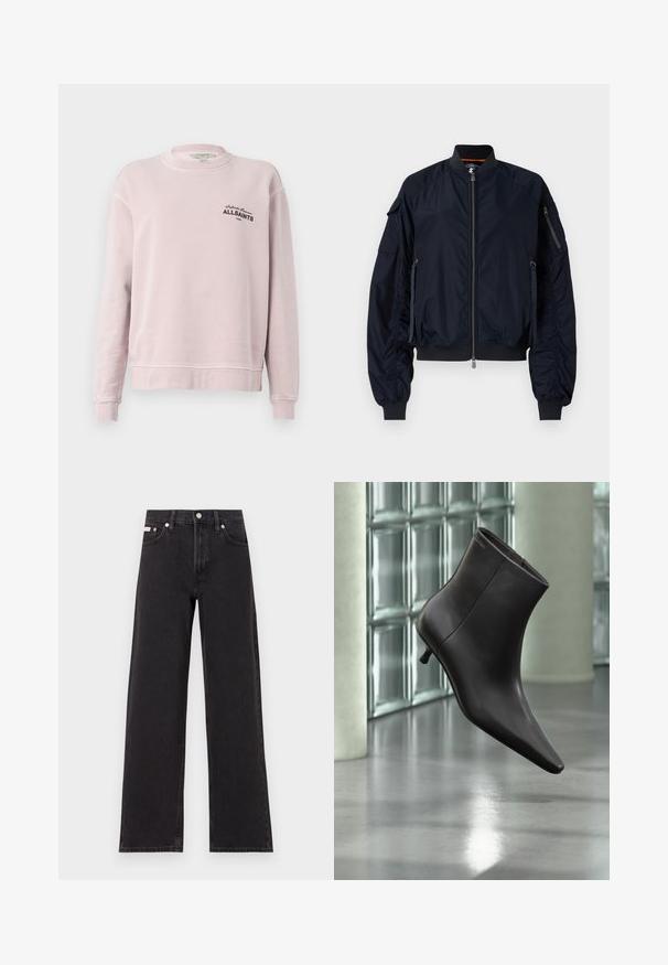Marineblå bomberjakke med frontlynlås, ribbede manchetter og kant. Har flere lynlåslommer og samlede detaljer på ærmerne. Glat tekstur.; Lyserød langærmet sweatshirt med rund hals, ribkantede ærmegab og sort tekst "Infinite Summer ALLSAINTS London" på venstre bryst.; Sorte vidde jeans lavet af denim, med høj talje, fem-lomme stil og en metalknap lukning med kontrasterende syninger.; Sort læderankelstøvle med spids tå og lille hæl vist mod en væg af glasblokke og poleret gulv baggrund.