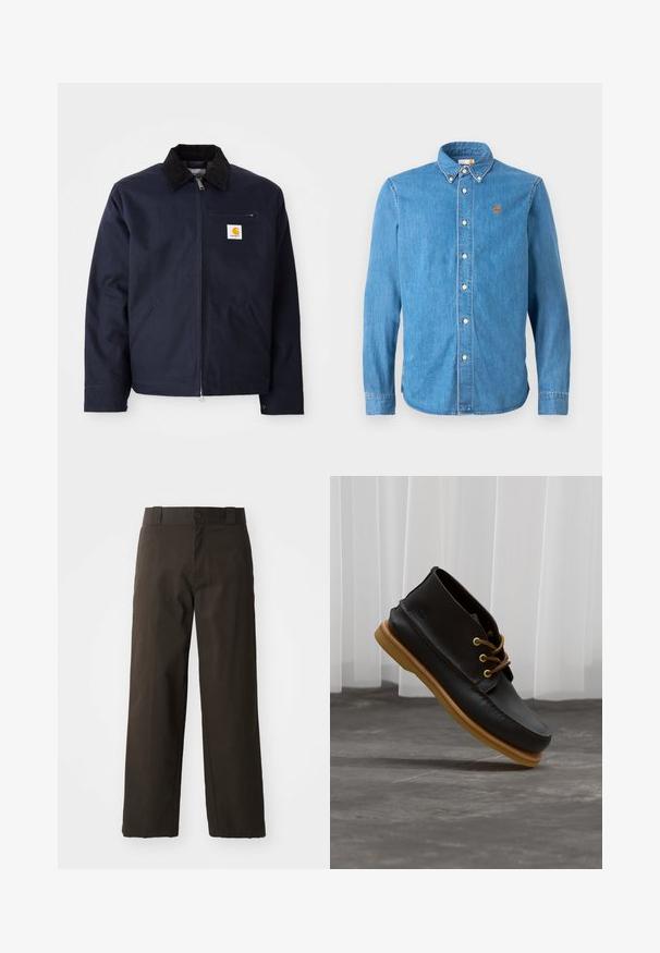 Marineblå jakke lavet af canvas med en sort velourkrave, lynlåslukning, frontlomme og logo-lap på venstre bryst.; Lysblå denimskjorte med lange ærmer, knap-ned krave og hvide knapper. Har et lille, orange trælogo på venstre bryst.; Sorte bomuldsbukser med et lige ben-design, der har en knaplukning og et klassisk taljehåndter. Glat tekstur, ingen mønstre eller accenter.; Sorte lædersko med en glat overflade, rund tå, brune snørebånd og lysebrune gummisåler. Logo præget på siden.