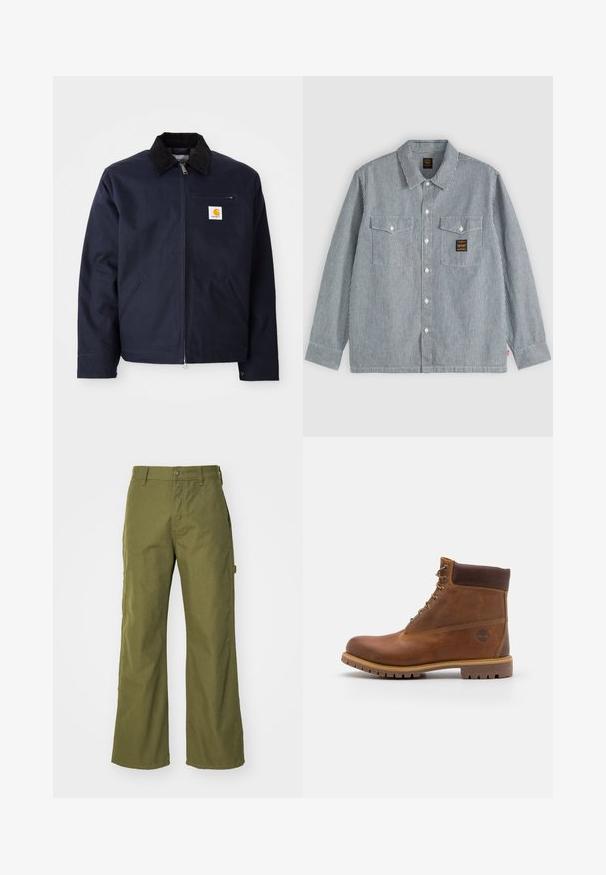 Marineblauwe jas van canvas met een zwart corduroy kraag, ritsluiting, een voorzak en een logo-opdruk op de linkerborst.; Overhemd met lange mouwen en knopen met dunne verticale zwarte en witte strepen, twee voorzakken met kleppen en een kleine zwarte patch op de rechterzak.; Olijfgroene wijde broek van duurzaam materiaal, met een knoopsluiting, zijzakken en een rechte zoom.; Bruine leren wandelschoen met een gladde afwerking, gevoerde enkel, metalen oogjes en een rubberen zool met een robuust profiel.