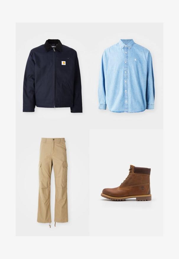 Veste bleu marine en toile avec un col en velours côtelé noir, fermeture éclair, poche avant et un patch logo sur la poitrine gauche.; Chemise en denim bleu clair à boutons avec manches longues, col pointu et petit logo sur la poitrine gauche. Offre une coupe décontractée et un design classique.; Pantalons cargo kaki en tissu durable, dotés de plusieurs poches latérales, d'une coupe droite et de cordons de serrage réglables à l'ourlet.; Botte de randonnée en cuir marron avec une finition lisse, cheville rembourrée, œillets en métal et semelle en caoutchouc dotée d'un motif de crampons robuste.