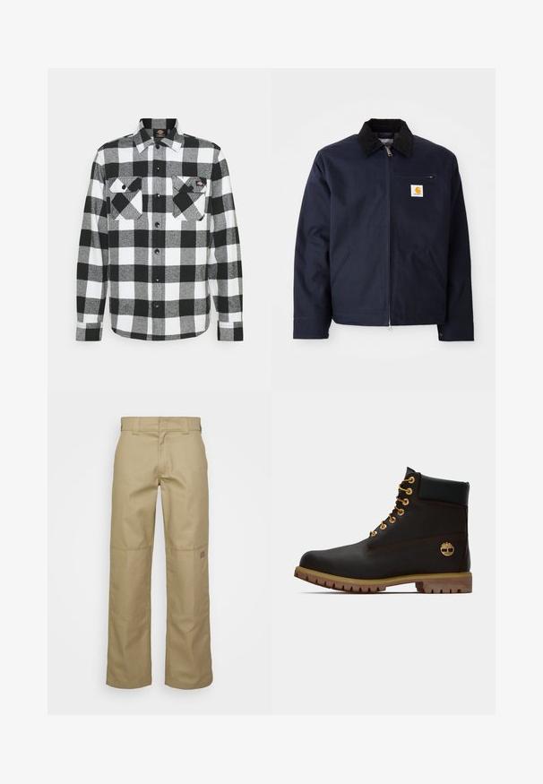 Veste bleu marine en toile avec un col en velours côtelé noir, fermeture éclair, poche avant et un patch logo sur la poitrine gauche.; Chemise en flanelle noir et blanc avec un motif à carreaux, présentant deux poches poitrine, un devant boutonné et un col. Tissu doux et texturé.; Pantalons larges beige en tissu mélange de coton. Comprend des renforts au niveau des genoux et un petit logo sur la cuisse.; Bottine noire en cuir avec œillets dorés, accents marron et semelle en caoutchouc. Comprend un col rembourré et un logo estampé sur le côté.