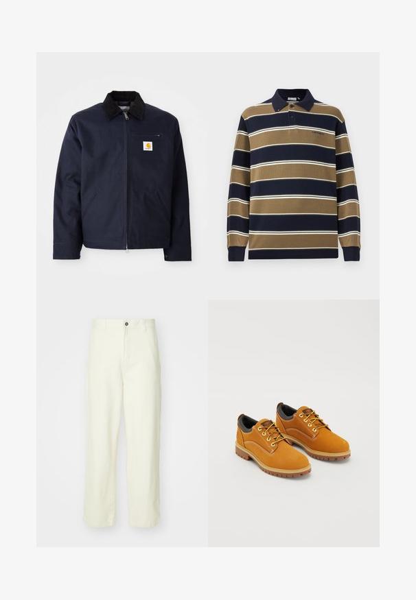 Marineblauwe jas van canvas met een zwart corduroy kraag, ritsluiting, een voorzak en een logo-opdruk op de linkerborst.; Poloshirt met lange mouwen in marineblauw, beige en witte verticale strepen; beschikt over een kraag, drie knopen aan de voorkant en een geborduurd logo op de borst.; Lichtgele katoenen broeken met een rechte pijp, voorzien van een frontsluiting met knoop, ceintuurlussen en een schone, minimalistische uitstraling.; Bruine suède schoenen met een ronde neus, gele veters, een gewatteerde zwarte kraag en rubberen zolen met gripgroeven.
