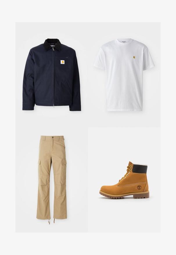 Veste bleu marine en toile avec un col en velours côtelé noir, fermeture éclair, poche avant et un patch logo sur la poitrine gauche.; T-shirt en coton blanc à manches courtes, col rond, avec un petit logo doré sur la poitrine gauche. Texture douce et coupe régulière.; Pantalons cargo kaki en tissu durable, dotés de plusieurs poches latérales, d'une coupe droite et de cordons de serrage réglables à l'ourlet.; Bottine en cuir brun avec œillets en métal, doublure en fourrure blanche, col rembourré noir, semelle robuste et logo en relief sur le côté.