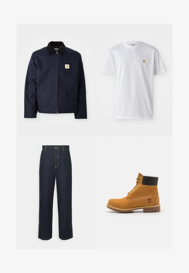 Veste bleu marine en toile avec un col en velours côtelé noir, fermeture éclair, poche avant et un patch logo sur la poitrine gauche.; T-shirt en coton blanc à manches courtes, col rond, avec un petit logo doré sur la poitrine gauche. Texture douce et coupe régulière.; Jean en denim foncé à jambe large avec des coutures jaunes, dotés d'une fermeture à bouton à l'avant et de poches latérales. Texture lisse et design traditionnel.; Bottine en cuir brun avec œillets en métal, doublure en fourrure blanche, col rembourré noir, semelle robuste et logo en relief sur le côté.