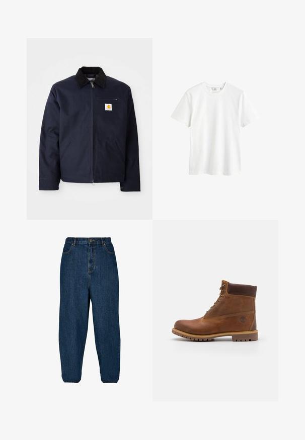 Marineblauwe jas van canvas met een zwart corduroy kraag, ritsluiting, een voorzak en een logo-opdruk op de linkerborst.; Witte katoenen t-shirt met een ronde hals, korte mouwen en een ontspannen pasvorm. Gladde textuur en geen zichtbare patronen of accenten.; Donkerblauwe spijkerbroek met een relaxed fit, hoge taille en elastische boorden. Voorzien van een knoopsluiting aan de voorkant en vijf zakken.; Bruine leren wandelschoen met een gladde afwerking, gevoerde enkel, metalen oogjes en een rubberen zool met een robuust profiel.