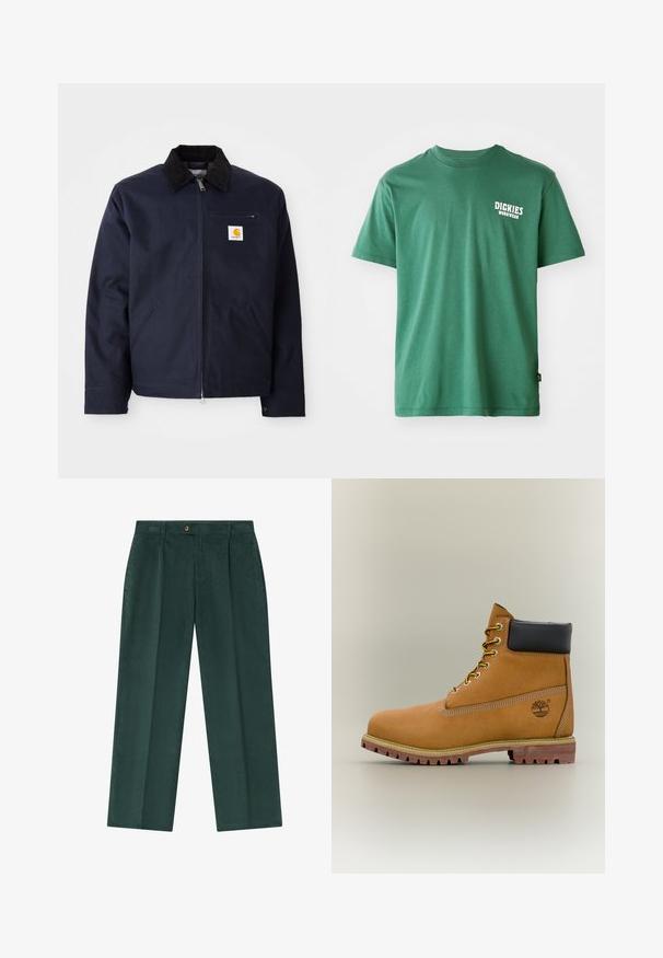 Veste bleu marine en toile avec un col en velours côtelé noir, fermeture éclair, poche avant et un patch logo sur la poitrine gauche.; T-shirt en coton vert avec un col rond, des manches courtes et un logo blanc sur la poitrine gauche. Texture lisse et coupe décontractée.; Pantalon en velours côtelé vert à coupe décontractée, avec des plis sur le devant, une fermeture à bouton et des poches latérales.; Bottine en cuir marron avec col noir, lacets jaunes et semelle beige. Présente un logo et des détails de couture blanche. Semelle extérieure à traction robuste.