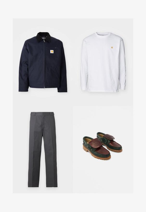 Veste bleu marine en toile avec un col en velours côtelé noir, fermeture éclair, poche avant et un patch logo sur la poitrine gauche.; T-shirt à manches longues blanc en coton. Présente un petit logo doré sur la poitrine et un col rond. Design simple et coupe standard.; Pantalon gris foncé à jambes droites avec un devant plat et sans poches visibles, présenté sur un fond blanc uni.; Chaussures en cuir avec un corps vert foncé, un dessus bordeaux, un bout rond, un rabat sécurisé et une semelle en caoutchouc texturée avec des rainures.