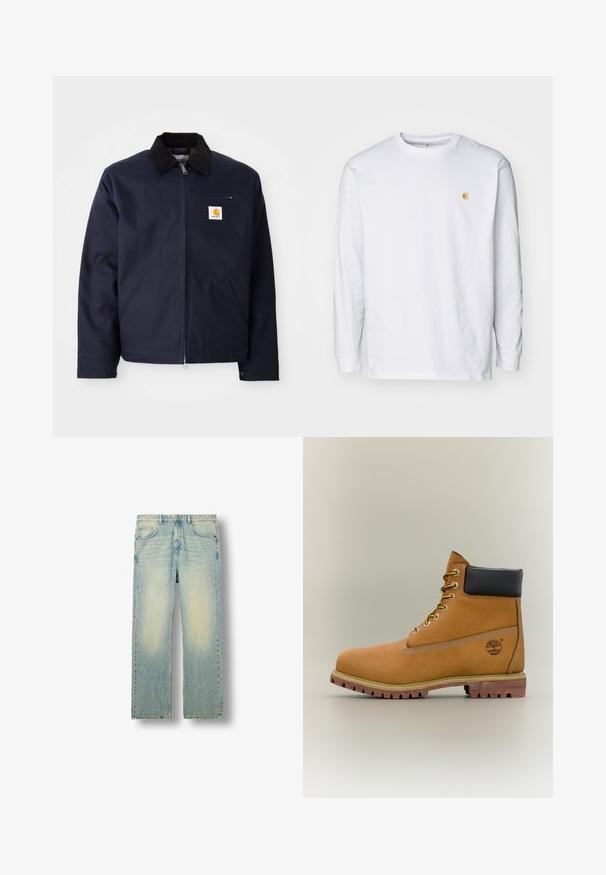 Veste bleu marine en toile avec un col en velours côtelé noir, fermeture éclair, poche avant et un patch logo sur la poitrine gauche.; T-shirt à manches longues blanc en coton. Présente un petit logo doré sur la poitrine et un col rond. Design simple et coupe standard.; Jeans en denim bleu clair à jambes droites avec décoloration sur les cuisses, style classique à cinq poches et passants pour ceinture, présentés sur un fond blanc.; Bottine en cuir marron avec col noir, lacets jaunes et semelle beige. Présente un logo et des détails de couture blanche. Semelle extérieure à traction robuste.