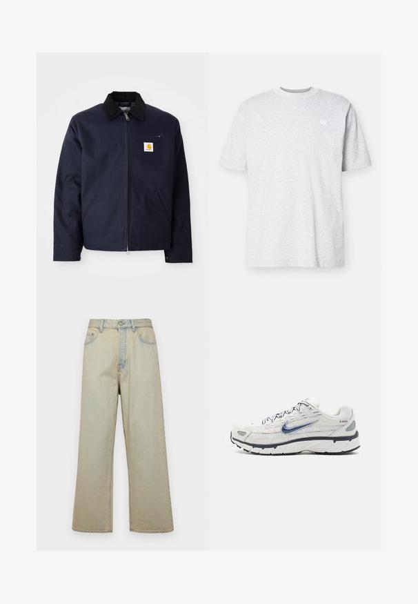 Chaqueta azul marino de lona con cuello de pana negro, cierre de cremallera, bolsillo frontal y parche del logo en el lado izquierdo del pecho.; Camiseta de algodón gris claro con mangas cortas, cuello redondo y un pequeño logo blanco en el lado izquierdo del pecho. Textura suave, corte casual.; Jeans de pierna ancha de color azul claro, fabricados en denim con un acabado desgastado. Cuenta con cinco bolsillos y un cierre frontal de botón.; Nike Sportswear P 6000 UNISEX - Zapatillas - phantom/obsidian/summit white/white/black/metallic silver