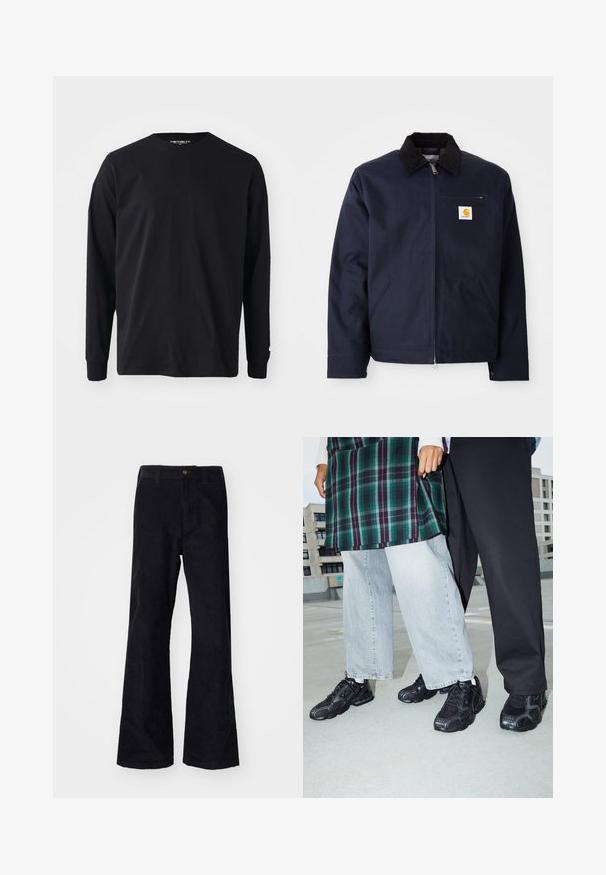 Chaqueta azul marino de lona con cuello de pana negro, cierre de cremallera, bolsillo frontal y parche del logo en el lado izquierdo del pecho.; Camiseta negra de manga larga hecha de algodón, con un escote redondo y corte recto, que presenta un pequeño detalle de logo en la manga.; Pantalones de algodón negros acampanados con una cinturilla tradicional, un solo botón frontal y bolsillos a los lados y en la parte posterior. Textura suave.; Zapatillas deportivas negras con acentos de malla y goma. Combinadas con jeans de pierna ancha de color gris claro y una blusa de cuadros verdes. Fondo de superficie plana.