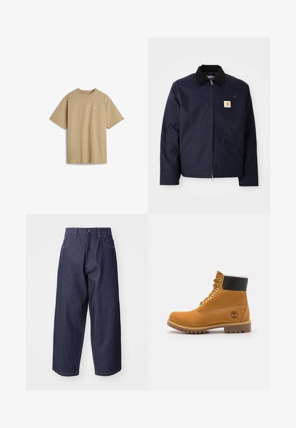 Chaqueta azul marino de lona con cuello de pana negro, cierre de cremallera, bolsillo frontal y parche del logo en el lado izquierdo del pecho.; Camiseta de manga corta beige hecha de algodón, con un pequeño logo blanco en el lado izquierdo del pecho y un cuello redondo. Diseño simple y sin adornos.; Jeans de mezclilla azul oscuro con un diseño suelto y de pierna ancha. Las características incluyen un cierre de botón, bolsillos frontales y acentos de costura visibles.; Botín de cuero marrón con ojales de metal, forro de piel sintética blanca, cuello acolchado negro, suela resistente y logotipo en relieve en el costado.