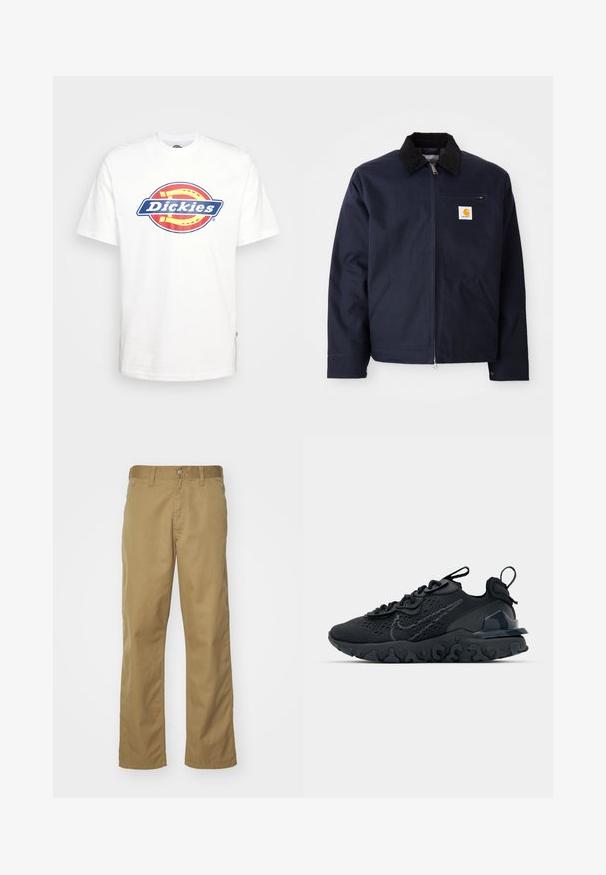 Marineblå jakke lavet af canvas med en sort velourkrave, lynlåslukning, frontlomme og logo-lap på venstre bryst.; Hvid bomulds t-shirt med et blåt og rødt cirkulært "Dickies" logo i midten. Korte ærmer og rund hals design.; Khaki chinos med lige bendesign, lavet af glat bomuldsstof. Har en knaplukning foran og sidelommer.; Sort atletisk sko med en åndbar mesh-overdel, teksturerede detaljer og en bølget gummisål. Har reflekterende logo og snørresystem.