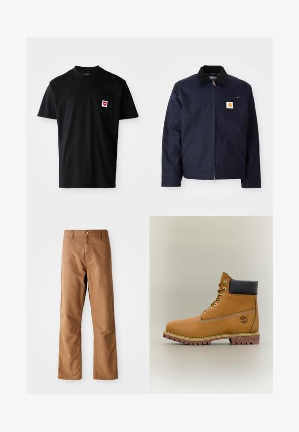 Marineblå jakke lavet af canvas med en sort velourkrave, lynlåslukning, frontlomme og logo-lap på venstre bryst.; Sort bomulds t-shirt med rund halsudskæring, korte ærmer og en venstre brystlomme med et rødt hjertepude og hvid tekst.; Brune lige ben bukser med bæltestropper, forlommer, knaplukning og lynlåsgylp på hvid baggrund.; Brun læderankelstøvle med sort krave, gule snørebånd og tanfarvet sål. Har logo og hvide syninger som detalje. Robust ydersål med greb.