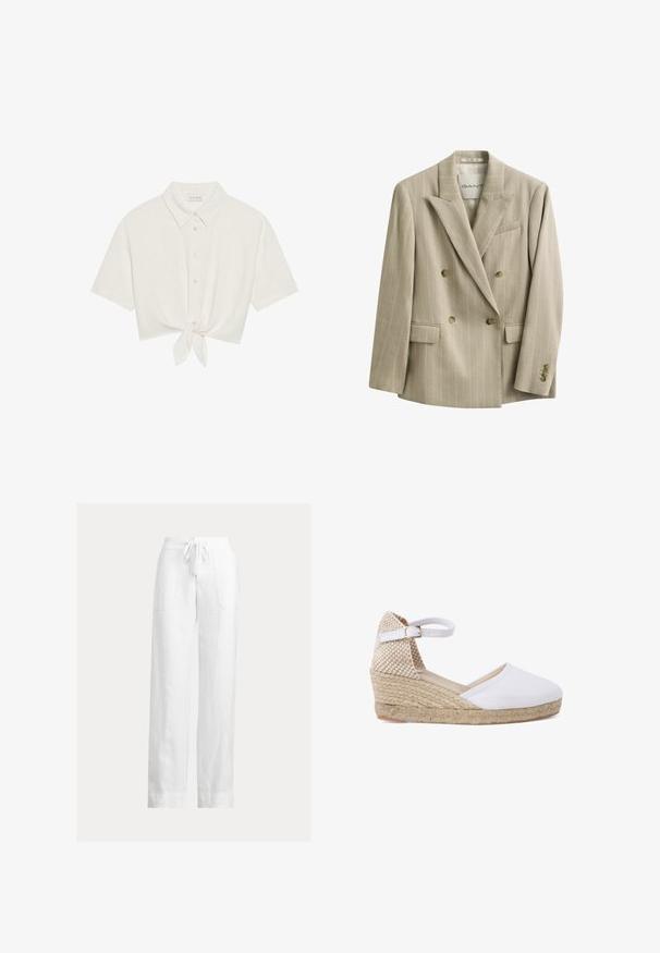 Blazer beige à double boutonnage à rayures fines avec revers crantés, quatre boutons sur le devant, poches à rabat et une poche poitrine, étiqueté GANT.; Chemise à manches courtes cintrée en lin beige clair, avec un devant à boutons et un détail noué à l'ourlet. Texture lisse avec un col classique.; Pantalon en lin blanc avec taille à cordon, coupe large, deux poches avant et texture lisse. Ourlet plat à la cheville.; Espadrille en toile blanche avec une semelle en jute naturel tressé, une bride ajustable autour de la cheville et un bout rond. Détail de talon texturé ajoutant de l'intérêt visuel.