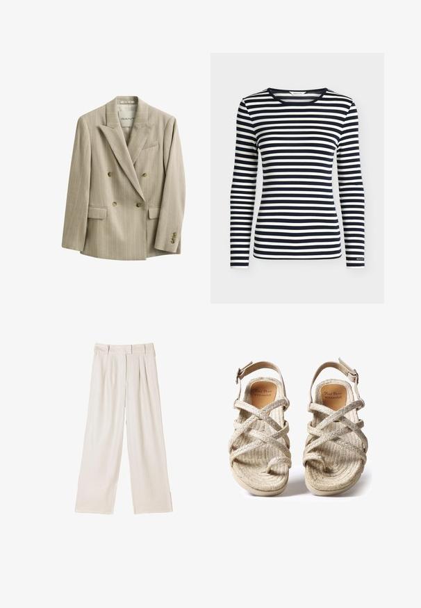 Blazer beige de raya diplomática de doble botonadura con solapas con muesca, cuatro botones delanteros, bolsillos con solapa y un bolsillo en el pecho, etiquetado GANT.; Camisa de manga larga con rayas horizontales en azul marino y blanco y cuello redondo, con la marca GANT en el puño de la manga.; Pantalones crema de tiro alto de corte holgado con pliegues delanteros y pierna ancha.; Sandalias tejidas en color beige con diseño de tiras cruzadas, fabricadas con fibras naturales texturizadas, que cuentan con una suela plana y una correa ajustable en el tobillo.