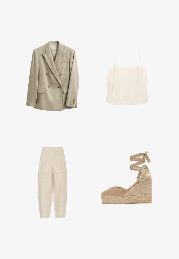 Blazer beige de raya diplomática de doble botonadura con solapas con muesca, cuatro botones delanteros, bolsillos con solapa y un bolsillo en el pecho, etiquetado GANT.; Top de camisola sin mangas de color crema con tirantes finos ajustables y escote recto sobre un fondo blanco.; Pantalones de lino beige con un corte holgado, que cuentan con pinzas en la cintura, largo recortado y una tela texturizada y tejida.; Espardeña de cuña de lona beige con plataforma de yute trenzado y cintas para atar al tobillo, con contrafuerte tejido.
