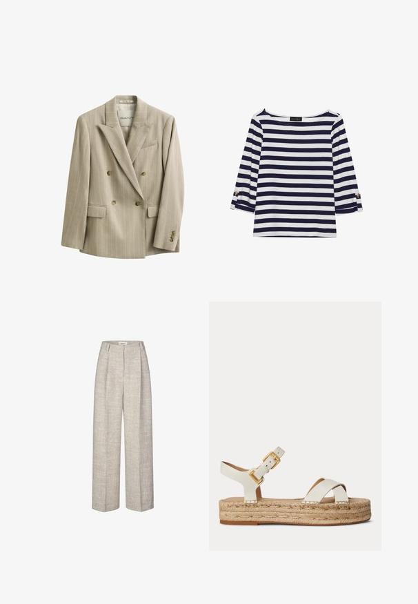 Blazer beige de raya diplomática de doble botonadura con solapas con muesca, cuatro botones delanteros, bolsillos con solapa y un bolsillo en el pecho, etiquetado GANT.; Camiseta de manga larga a rayas en azul marino y blanco, con escote barco y acentos de botones dorados en las mangas enrolladas. Tejido suave y corte relajado.; Pantalones de tiro alto en gris claro con una tela texturizada, piernas anchas y dos pliegues frontales. Con cierre de botón en la parte delantera y presillas para cinturón.; Sandalia blanca de plataforma de cuero con suela de yute tejida, hebilla dorada en la correa del tobillo y tiras delanteras cruzadas sobre fondo liso.