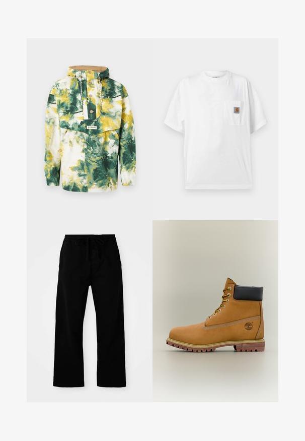 Chaqueta anorak ligera con capucha, estampado abstracto floral en verde, amarillo y blanco, botones de madera, bolsillo frontal tipo canguro y capucha con cordón ajustable.; Camiseta blanca de manga corta con cuello redondo y bolsillo en el pecho con un pequeño parche del logo de Carhartt en marrón y negro.; Pantalones negros de cintura elástica con cordón ajustable, de piernas anchas y textura de algodón suave. Sin patrones visibles ni detalles de hardware.; Bota de tobillo de cuero marrón con cuello negro, cordones amarillos y suela beige. Presenta un logotipo y detalles de costura blanca. Suela exterior con tracción robusta.