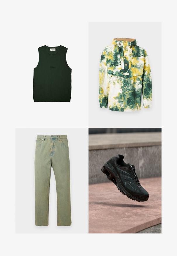 Leichte Kapuzen-Anorakjacke mit grünem, gelbem und weißem abstraktem Blumenmuster, Holzknöpfen, Fronttasche und Kapuze mit Kordelzug.; Grünes geripptes Tanktop mit rundem Halsauschnitt und ohne Ärmel. Mit dezentem Branding in Schwarz in der Mitte. Weiche Textur.; Helle grüne Jeans aus Denim mit geradem Bein, ausgestattet mit einem Knopf- und Reißverschluss, Gürtelschlaufen und dezenten Verblassungen auf dem Stoff.; Schwarzer athletischer Sneaker mit sichtbarer Air-Cushioning-Zwischensohle, der über einer rosa Steinoberfläche mit grauer Steinmauer im Hintergrund schwebt.