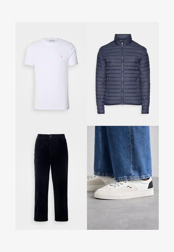 Colmar Originals MENS JACKET - Gewatteerde jas - navy blue/ice; Witte katoenen t-shirt met korte mouwen, met een klein oranje "II" logo op de linkerborst en een ronde halslijn. Eenvoudig ontwerp en textuur.; Donkerblauwe corduroy broek met een rechte pijpdesign, voorzien van een knoopsluiting en subtiele verticale ribbelstructuur.; Witte en zwarte sneakers met een glad leren bovenwerk, textuuraccenten en een chunky witte zool. Heeft een klassiek vetersluiting ontwerp.