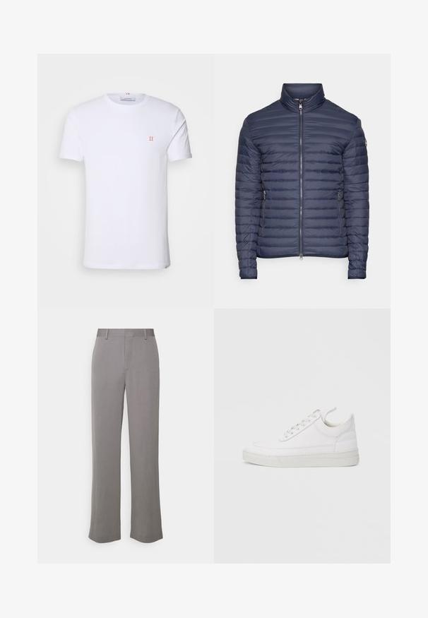 Colmar Originals MENS JACKET - Gewatteerde jas - navy blue/ice; Witte katoenen t-shirt met korte mouwen, met een klein oranje "II" logo op de linkerborst en een ronde halslijn. Eenvoudig ontwerp en textuur.; Tiger of Sweden TREY - Broek - grey shadow; Witte leren sneaker met een afgeronde neus, platte zool en veters aan de voorkant. Voorzien van stikseldetails en een gevoerde kraag voor comfort.