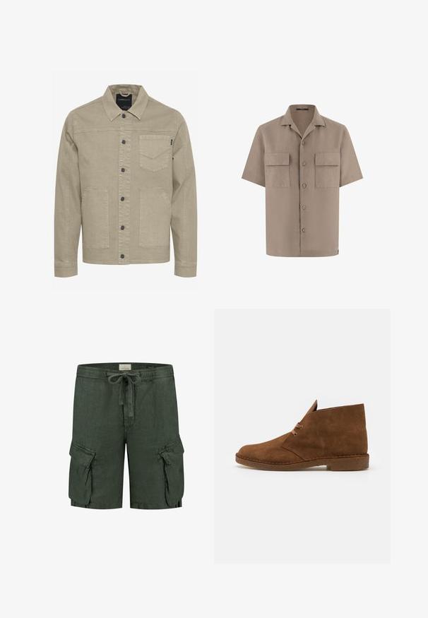 Chaqueta de mezclilla beige con cierre de botones en el frente, cuello puntiagudo, dos bolsillos frontales y un sutil detalle de costura en el bolsillo del pecho.; Camisa beige de manga corta con botones, dos bolsillos frontales con solapa y cuello abierto, presentada sobre un fondo blanco.; Pantalones cortos cargo de lino verde oscuro con cinturilla elástica, cierre de cordón y dos bolsillos laterales con detalles de solapa.; Botas de ante marrón hasta el tobillo con punta redondeada, costuras mínimas, una lengüeta corta y suela de goma para tracción.