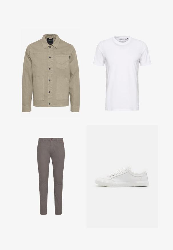 Beige denimjakke med knaplukning fortil, spids krave, to forreste lommer og diskret syninger på brystlommen.; Hvid t-shirt med korte ærmer lavet af bomuld, med en rund hals og et enkelt design. Brandtag synlig på halsområdet. Ingen mønstre eller accenter.; Grå bomulds chinos med lige pasform, der har knaplukning, standardlommer og minimalistisk design. Glat tekstur og ingen mønstre.; Hvide sneakers med en glat læderoverdel, rund tå, flad gummisål og seks øjestik til snørebånd. Subtile syninger og minimalistisk design.