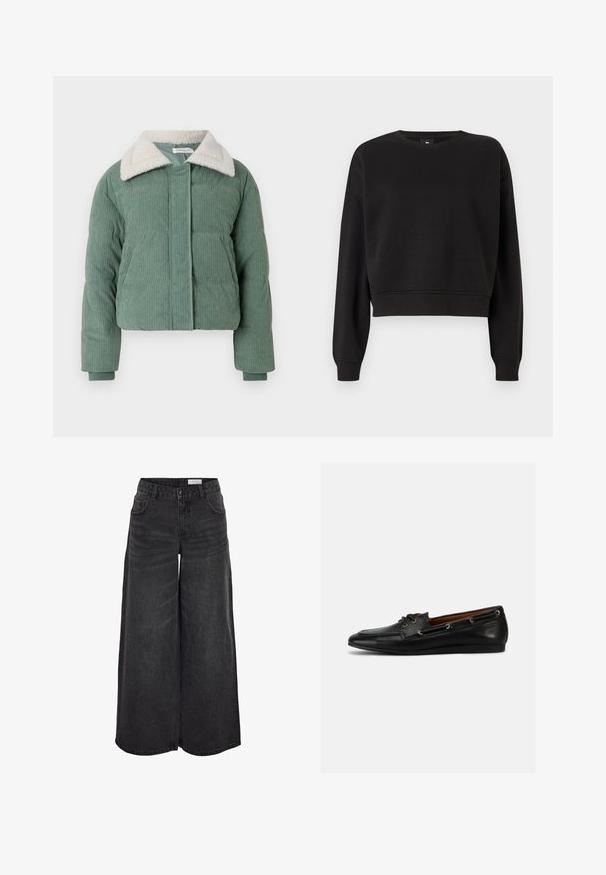 Grøn kordfløjlsdynejakke med en blød, cremefarvet krave, lukning foran og to sidelommer. Ribbet tekstur over det hele.; Sort cropped sweatshirt med lange ærmer, rund halsudskæring og ribbede manchetter. Lavet af blødt stof med en glat tekstur. Ingen mønstre eller hardware.; Bredde ben sorte denimshorts med høj talje, forlommer og subtil tekstur; designet til en afslappet pasform.; Sort læder bådsko med rundet tå, snøredesign og sølvfarvede snørehuller. Har en glat tekstur og lavprofil gummisål.