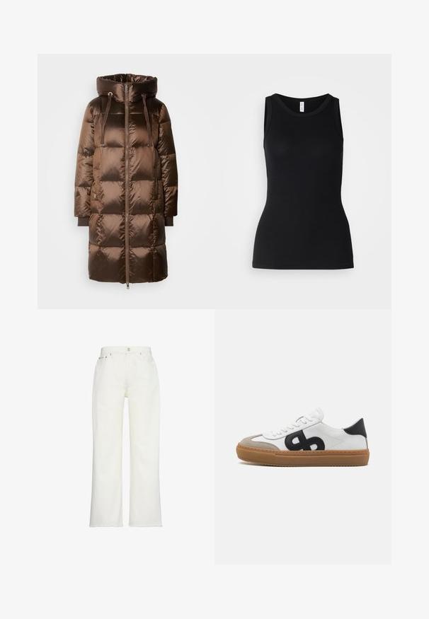 Mos Mosh JACKET - Dunfrakker - rain drum; Sort ærmeløs tanktop lavet af ribbet stof, med rund halsudskæring og tætsiddende design, med en glat overflade og uden mønstre.; Hvide vidde jeans lavet af bomuld med høj talje, frynset kant og klassisk fem-lomme design med metallukning.; Hvide lærreds sneakers med sort logo, suedelæderdetaljer og gummisål. Har flade hvide snørebånd og en rund tådesign.