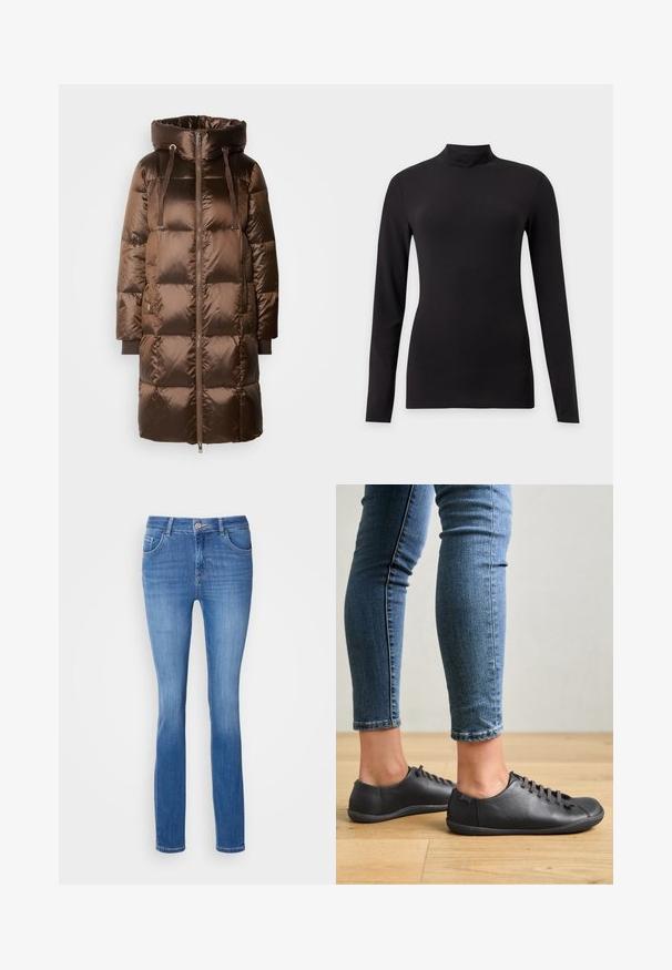 Mos Mosh JACKET - Dunfrakker - rain drum; Sort tætsiddende top med lange ærmer og høj krave, vist på en ensfarvet lys grå baggrund.; Blå denim jeans med en tætsiddende pasform, fem lommer og et diskret falmet mønster. Fremstillet af blødt, strækbart stof med en standard knaplukning.; Sorte lædersko med rund tå, lav profil og snørebåndsdesign. Kombineret med blå, tætsiddende jeans og en baggrund af trægulv.