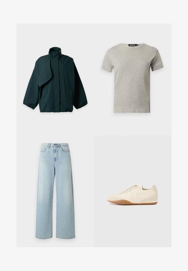 Veste vert foncé à manches longues avec col montant, fermeture à rabat à l'avant, poignets élastiques et poches latérales, présentée sur un fond blanc.; T-shirt en coton gris clair à manches courtes et col rond avec une étiquette noire visible à l'intérieur du col indiquant "DENIM" et la taille "S."; Jean large bleu clair en denim à la texture lisse, doté d’une fermeture à bouton et d’un design à cinq poches.; Baskets beige clair avec une tige en cuir texturé, des panneaux latéraux texturés et une semelle en caoutchouc. Dotées d'un design fin et épuré ainsi que de lacets plats.