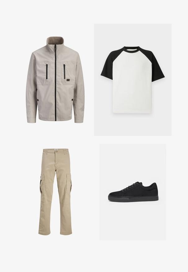 Veste beige clair zippée avec col montant, deux poches verticales sur la poitrine avec fermetures éclair, et deux poches inférieures à boutons.; T-shirt noir et blanc à manches courtes avec une texture côtelée ; possède des manches raglan et un col rond.; Pantalon cargo beige avec fermeture par boutons, passants pour ceinture et grandes poches à rabat sur les deux cuisses, présenté à plat sur fond blanc.; Baskets basses noires avec fermeture à lacets à l'avant et semelle en caoutchouc plate, vues de profil sur fond blanc.