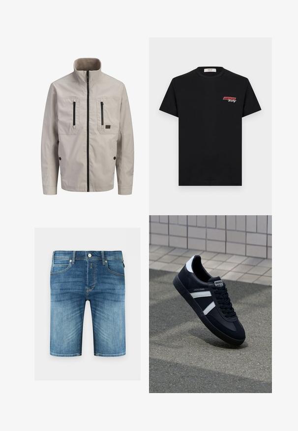 Veste beige clair zippée avec col montant, deux poches verticales sur la poitrine avec fermetures éclair, et deux poches inférieures à boutons.; T-shirt en coton noir à manches courtes. Présente un petit logo "REPLAY Racing" rouge et blanc sur la poitrine gauche. Design simple.; Shorts en denim bleu pour homme avec bouton devant, fermeture éclair, passants de ceinture et détails délavés sur les cuisses et les poches.; Sneaker en cuir noir avec des rayures blanches, semelle en caoutchouc texturée et devant à lacets. Présente une étiquette de marque sur la languette.