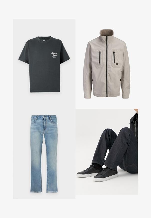 Lysebeige jakke med lynlås og høj krave, to lodrette brystlommer med lynlås og to nederste lommer med knapper.; Mørkegrå bomulds t-shirt med rund hals, korte ærmer og et hvidt skriptlogo på venstre brystområde. Enkel, udekoreret design.; Lyseblå denimjeans med lige snit, frontknapper og lommer, vist mod en ensfarvet hvid baggrund.; Person siddende med bøjede ben, iført mørkeblå jeans og sorte lave sneakers med hvide såler på en hvid baggrund.