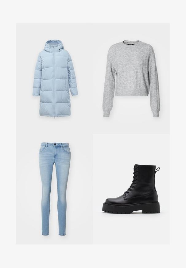 Svetlomodrý pufový kabát po kolená s kapucňou, dlhými rukávmi a predným zipsom.; Vero Moda VMYEN ONECK - Svetrík - light grey; Svetlomodré úzke džínsy vyrobené z denimu, s vysokým pásom, dizajnom s piatimi vreckami a miernym vyblednutím pre ležérny vzhľad.; Čierne kožené členkové topánky s okrúhlou špičkou, šnurovaním vpredu a hrubou gumovou podrážkou s textúrovaným vzorom. Sťahovací pútko na zadnej strane.