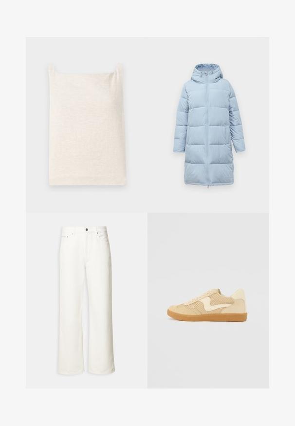 Manteau rembourré bleu clair, longueur genou, avec capuche, manches longues et fermeture éclair sur le devant.; Haut sans manches beige avec un col carré. Tissu doux et texturé. Design simple avec un ourlet droit et sans motifs ou accents supplémentaires.; Jean blanc à jambes larges avec boutons à l'avant, passants de ceinture et design à cinq poches.; Sneaker beige avec des matériaux en daim et en maille, forme arrondie, col rembourré proéminent et semelle en caoutchouc gomme. Présente un accent de design en forme de vague.