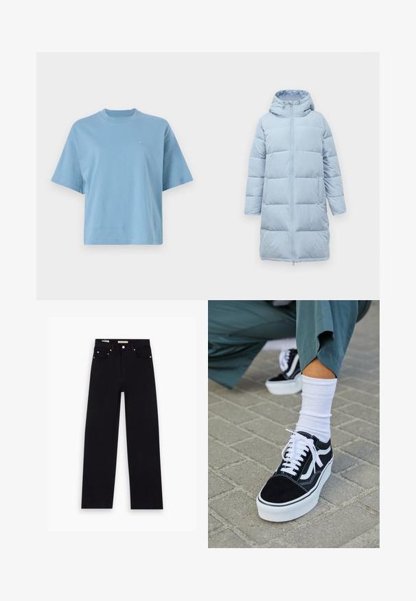 Hellblaue, knie-lange Daunenjacke mit Kapuze, langen Ärmeln und einem Reißverschluss vorne.; Helles blaues T-Shirt mit kurzen Ärmeln aus Baumwolle, das einen runden Halsausschnitt und ein kleines Logo auf der Brust hat. Lässige Passform mit glatter Textur.; Schwarze Denim-Jeans mit geradem Schnitt, fünf Taschen, Kupferbeschlägen und einer glatten Textur. Zwei Etiketten sind am Bund sichtbar.; Schwarze Wildledersneaker mit weißen Akzenten und Schnürsenkeln, ausgestattet mit einer dicken weißen Sohle und kontrastierenden Nähten, kombiniert mit einer weißen Socke.