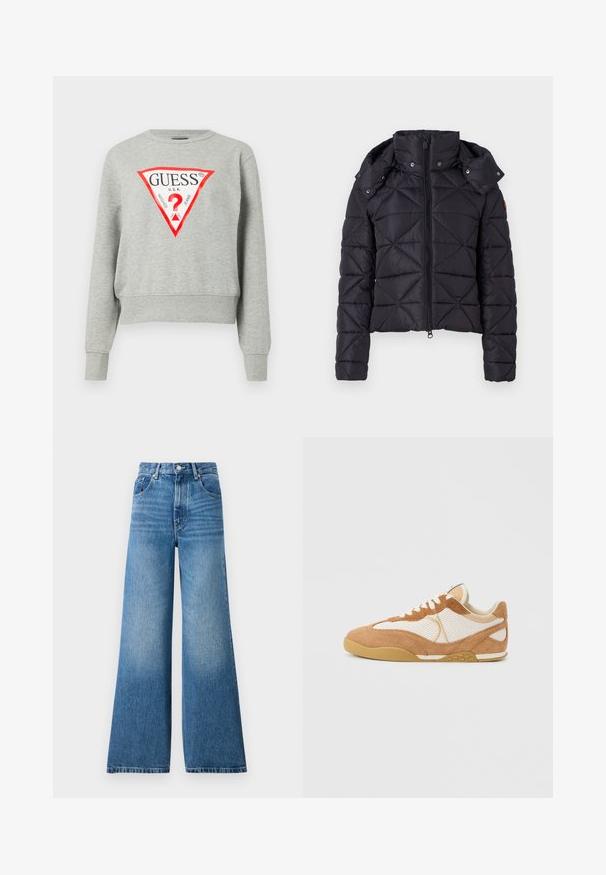 Sort puffet jakke med quiltet design, lynlås lukning og aftagelig hætte. Har elastiske manchetter og en let cropped pasform.; Grå sweatshirt med rødt trekantet logo med teksten "GUESS U.S.A.", lange ærmer, ribbede manchetter og kant, lavet af blødt stof.; Højtaljede blå denim jeans med bred benklip, der har lys afblegning, klassisk fem-lomme design og metalknaplukning.; Lysebrun og hvid lavtop-sneaker med ruskind og meshpaneler, hvide snørebånd og en sål af gummi i naturolie, vist fra siden på en grå baggrund.