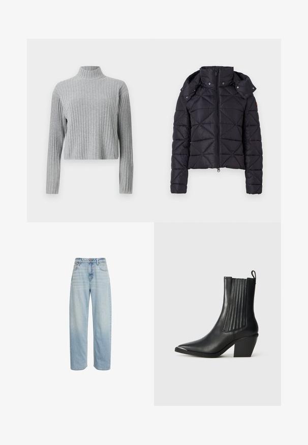 Sort puffet jakke med quiltet design, lynlås lukning og aftagelig hætte. Har elastiske manchetter og en let cropped pasform.; Grå ribbet turtleneck sweater med lange ærmer, cropped længde, blød tekstur og tætsiddende design. Ingen synlig hardware eller mønstre.; Lys blå jeans med højtaljet lige ben, fem lommer og knaplukning, vist mod en hvid baggrund.; Sort læder ankelstøvle med spids tå, ribbede sidepaneler og en kraftig hæl, placeret på en struktureret fliseoverflade.
