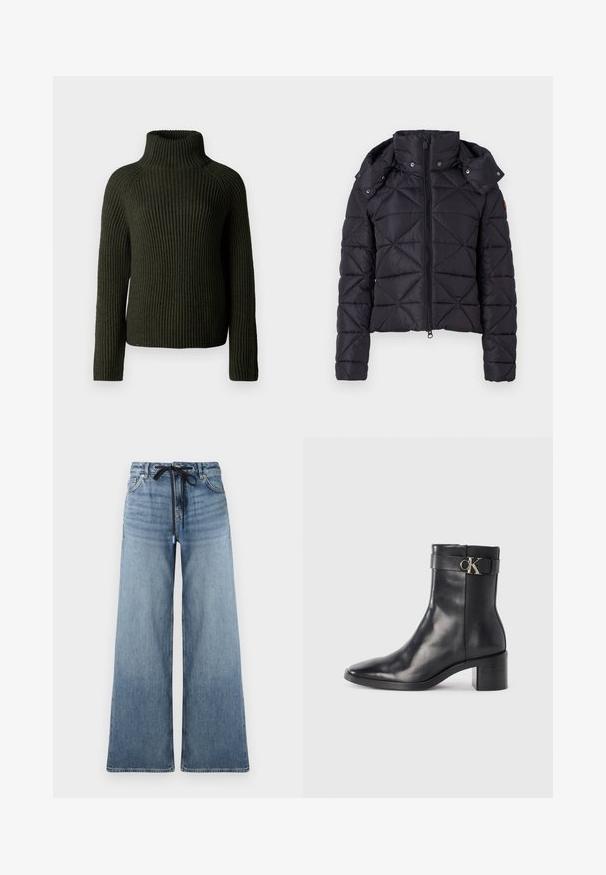 Sort puffet jakke med quiltet design, lynlås lukning og aftagelig hætte. Har elastiske manchetter og en let cropped pasform.; Mørkegrøn ribbet turtleneck sweater med lange ærmer og en afslappet pasform. Fremstillet af tekstureret strikmateriale, der tilbyder varme og komfort.; Løse denimjeans i lys blå med en falmet tekstur. Har en justerbar talje med snor i sort og traditionelle lommer.; Sort læder ankelstøvle med spids tå, blokhæl og en rem med en metallisk logo detalje. Glat tekstur og minimalistisk design.
