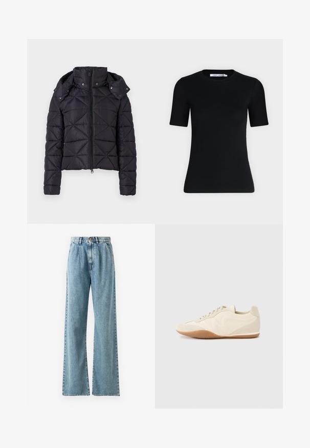 Sort puffet jakke med quiltet design, lynlås lukning og aftagelig hætte. Har elastiske manchetter og en let cropped pasform.; Sort tætsiddende T-shirt med korte ærmer og rund halsudskæring, med et mærke indvendigt i kraven mod en ensartet lys baggrund.; Lysblå højtaljede bukser med bred ben i denim, med knaplukning, markante bukser og syede lommer.; Lyse beige sneakers med en tekstureret læderoverdel, teksturerede sider og en gummisål. Har et slankt, strømlinet design og flade snørebånd.